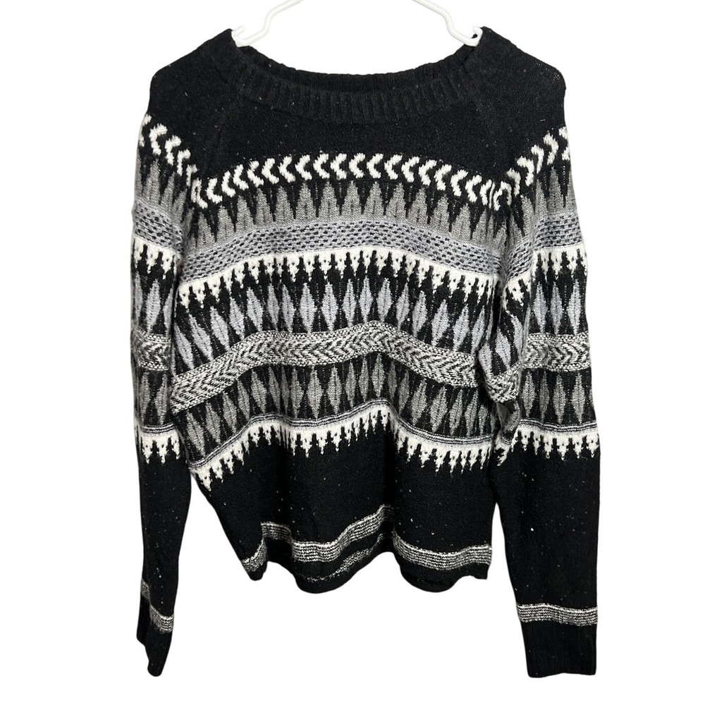 Ana A‎ New Approach Women's L Fair Isle Sequin Knit Sweater Black White Gray